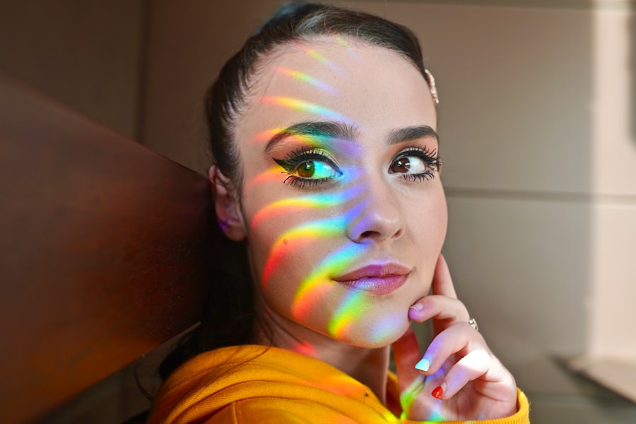 Portrait lit by soft rainbow prism light
