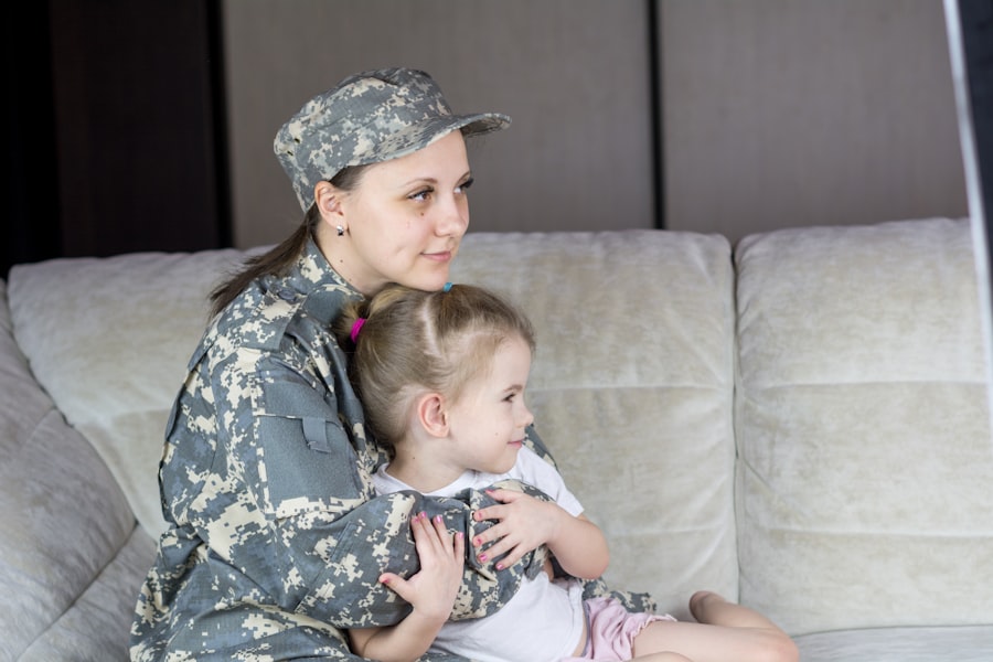 Military parent in uniform embracing their child