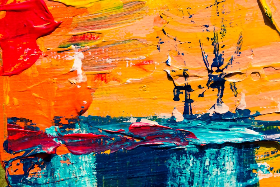 Vibrant abstract painting in teal, orange, and red